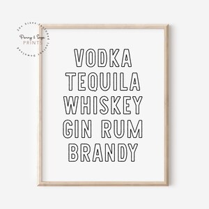 Trendy Bar Cart Print, Cocktail Kitchen Art, Bar Drinking Decor, Vodka Tequila Whisky Gin Rum Brandy, Friend Drinking Gift, DIGITAL PRINT