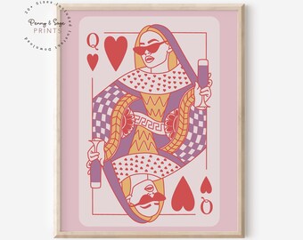 Queen of Hearts Champagne Wall Art, Lucky You Printable, Cocktail Poster, Cute Apartment Decor, Bar Cart Print, Trendy Living Room Decor