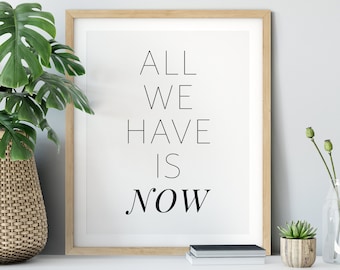 May include: A framed print with the text "ALL WE HAVE IS NOW" in black lettering on a white background. The print is displayed on a white shelf with a potted plant, a vase with dried flowers, and a stack of books.