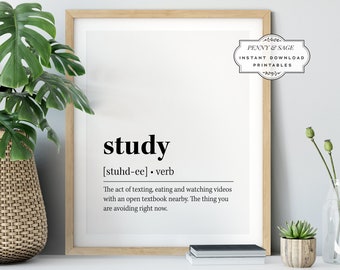 Study Definition Wall Art, Study Quote Decor, Black and White Prints, PRINTABLE Wall Art, Digital Download, Gift For Teen
