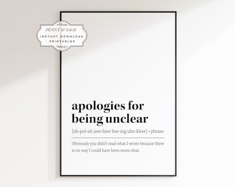 Apologies for being Unclear Definition Print, Funny Office Decor, Funny Home Decor, Office Decor, Office Printable, Office Humor Artwork