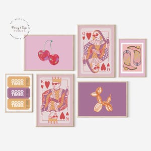 Juego de 6 impresiones de galería de pared modernas, arte de pared de moda, cartas del rey y la reina de corazones, boleto de Good Times, decoración de apartamentos, carrito de bar