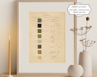 Vintage Colors of Nature Chart Green Colors, PRINTABLE Wall Art, Digital Download