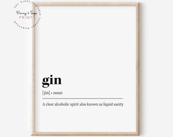 Définition du gin imprimable, impression bar tendance, art de la cuisine cocktail, chariot de bar drôle, cadeau pour boire un verre à un ami, impression numérique de cuisine drôle de gin