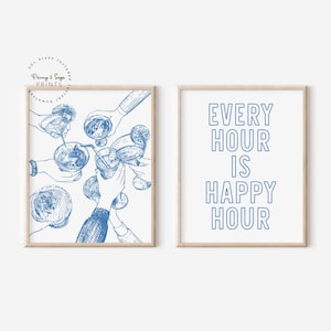 Happy Hour Print, Bar Cart Wall Art Set 2, Retro Cocktails Poster, Trendy Bar Cart Decor, Cheers Print, Living Room Blue DIGITAL DOWNLOAD