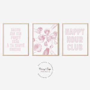 Impresión de Happy Hour, juego de 3 carteles de arte de pared para carrito de bar en color rosa, póster de cócteles retro, decoración de carrito de bar de moda, impresión de Cheers, Cheers en diferentes idiomas