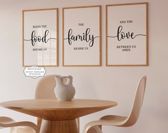 Druckbare Wandkunst 3er Set Segne das Essen vor uns, Essen Familie Liebe, Familie Dekor Drucke, Esszimmer Dekor, Familie Essen Bauernhaus