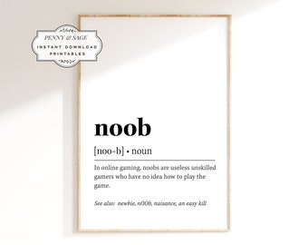 Noob Definition Print Man Cave Decor Gaming Print Gamer 