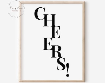 May include: Black and white printable wall art with the word "CHEERS!" in a stylized font.