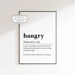 Hangry Definition, Quote Print, Kitchen Prints, Food Prints, Definition Printable, Hangry Definition Sign, Definition Print Minimalist Quote