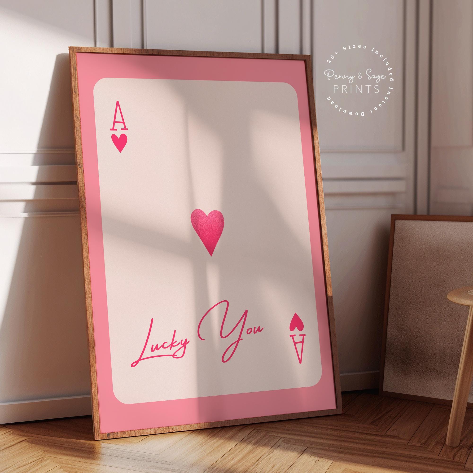 Pink Trendy Ace of Hearts Print, Lucky You Poster, Pink Ace Card