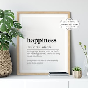 Happiness Definition Wall Art, Happiness Quote Decor, Black and White Prints, PRINTABLE Wall Art, Digital Download