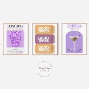 Espresso Martini, Bilet Good Times, Wydrukowany czek gościa, Modny wydruk Y2K, Zestaw 3 plakatów sztuki cyfrowej, Sztuka wózka barowego Martini Cocktail
