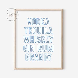 Trendy Bar Cart Print, Cocktail Kitchen Art, Bar Drinking Decor, Vodka Tequila Whisky Gin Rum Brandy, Friend Drinking Gift, DIGITAL PRINT