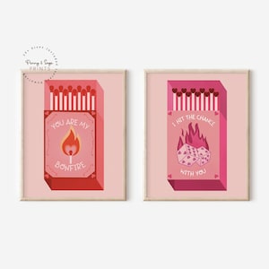 Pink Matchbox Poster Set of 2, I Hit The Chance With You, Retro Dice Print, Vintage Trendy Art, Romance Valentine Gift, You are My Bonfire