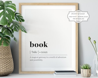 Book Definition Wall Art, Book Quote Decor, Black and White Print, PRINTABLE Wall Art, Digital Download, Gift For Book Lover