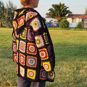 Granny Square Hooded Jacket, Crochet Afghan Cardigan, Colorful Pathcwork Sweater, Boho Coat
