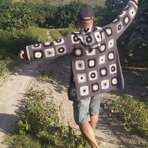 Hooded Granny Square Cardigan, Vintage Style Handmade Jacket, Crochet Patchwork Afghan Coat, Boho Sweater