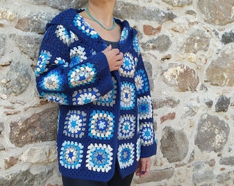 Navy Blue Crochet Granny Square Hooded Cardigan: Boho Patchwork Jacket