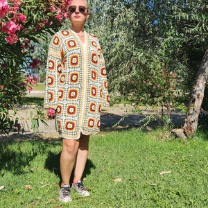 Granny Square Crochet Cardigan: Patchwork Cotton Afghan Coat (L-XL)