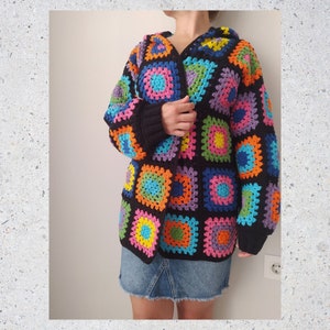 Hooded Granny Square Crochet Cardigan: Boho Patchwork Cotton Blend Jacket