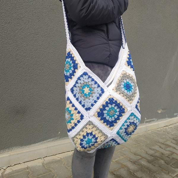 Crochet Shoulder Bag, Granny Square Hobo Bag, Crochet Afghan Purse, Boho Tote, Retro Bag, Hippie Bag, Patchwork Shoulder Bag, Vintage Style
