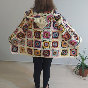 Hooded Granny Square Jacket, Crochet Afghan Coat, Colorful Pathcwork Cardigan, Boho Sweater