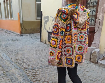 Granny Square Hooded Jacket, Crochet Afghan Coat, Colorful Pathcwork Cardigan, Christmas Gift For Women, Boho Sweater