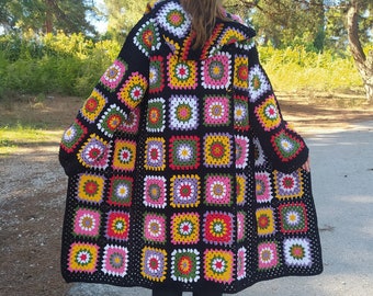 Black Hooded Granny Square Cardigan, Crochet Afghan Coat, Multicolor Long Cardigan, Patchwork Jacket, Boho Sweater, Christmas Gift