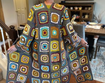 Granny Square Cardigan, Crochet Afghan Coat, Patchwork Long Jacket, Oversized Sweater, Boho Hippie Style, Gift For Her