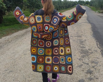 Hooded Granny Square Cardigan, Crochet Afghan Coat, Patchwork Jacket, Oversized Sweater, Boho Hippie Style, Gift For Her