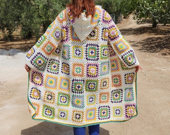 Handmade Crochet Granny Square Cardigan: Boho Hooded Sweater