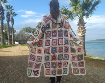 Long Granny Square Cardigan, Hooded Cotton Afghan Coat, Crochet Retro Sweater, Patchwork Jacket, Mothers Day Gift For Christmas