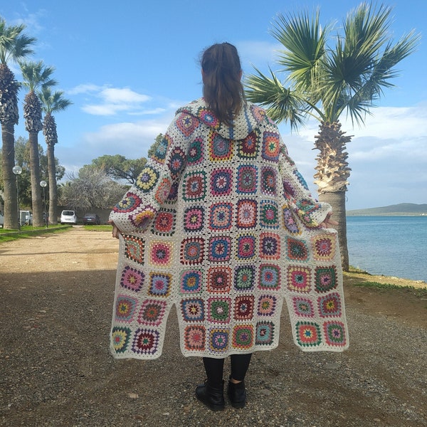 Long Granny Square Cardigan, Hooded Cotton Afghan Coat, Crochet Retro Sweater, Patchwork Jacket, Mothers Day Gift For Christmas