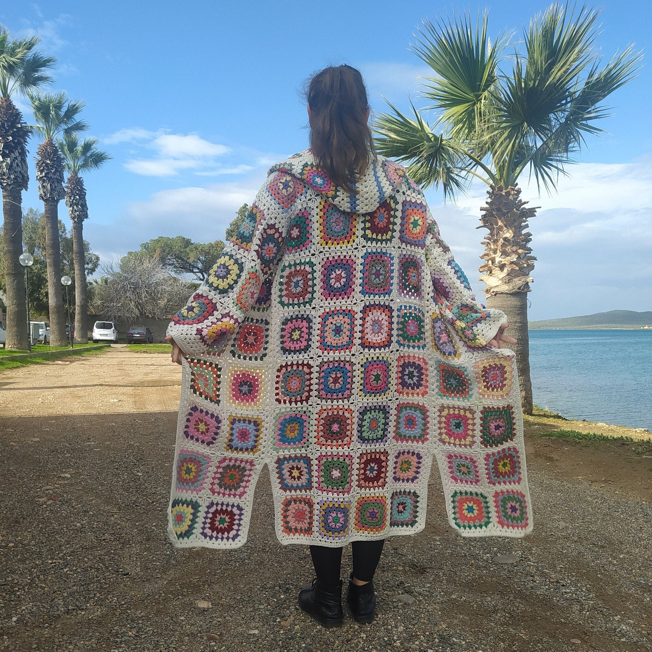 Long Granny Square Cardigan, Hooded Cotton Afghan Coat, Crochet Retro Sweater, Patchwork Jacket