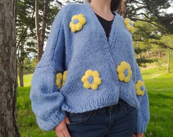 Daisy Cardigan, Floral Short Jacket, Hand Knitted Crop Cardigan, Bloom Chunky Sweater