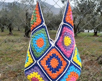 Crochet Granny Square Hobo Bag: Boho Patchwork Tote
