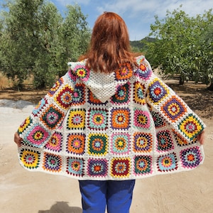 Crochet Granny Square Hooded Cardigan: Ecru Cotton Boho Jacket