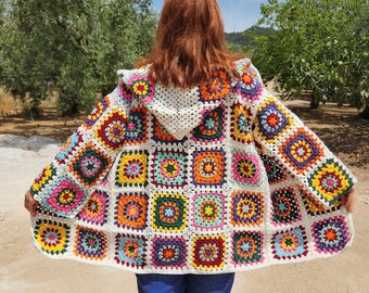 Crochet Granny Square Hooded Cardigan: Ecru Cotton Boho Jacket