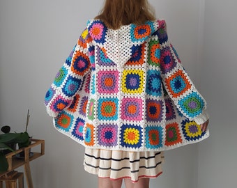 Hooded Crochet Granny Square Jacket With Cuff, Colorful Pathcwork Cardigan, Hand Knitted Coat, Christmas Gift For Women, Boho Sweater