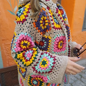 Crochet Granny Square Hooded Cardigan: Colorful Patchwork Afghan Coat