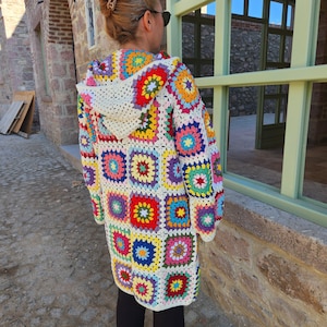 Hand-Knitted Granny Square Crochet Hooded Cardigan: Boho Afghan Coat