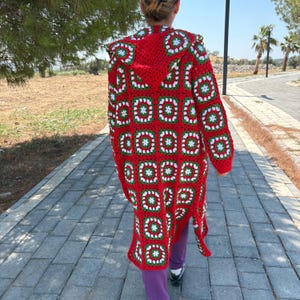 Handmade Christmas Crochet Cardigan: Red Cotton Granny Square Jacket