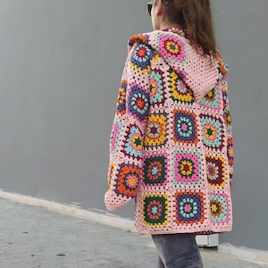 Granny Square Crochet Hooded Cardigan: Colorful Patchwork Boho Coat