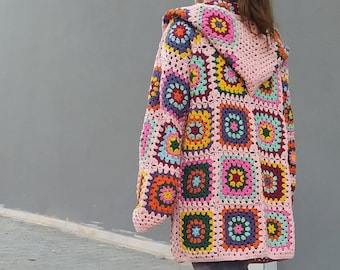 Granny Square Hooded Jacket, Crochet Afghan Coat, Colorful Pathcwork Cardigan, Gift For Women, Boho Coat