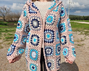 Hooded Crochet Sweater, Granny Square Hand Knitted Cardigan, Boho Vintage Style Jacket, Festival Cardigan, Gift for Her