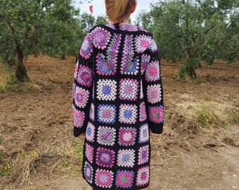 Hooded Cardigan, Crochet Sweater, Granny Square Jacket, Black Cardigan, Hippie Cardigan, Boho Jacket, Afghan Coat, Gift For Her