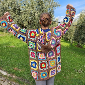 Crochet Granny Square Hooded Cardigan: Boho Patchwork Jacket