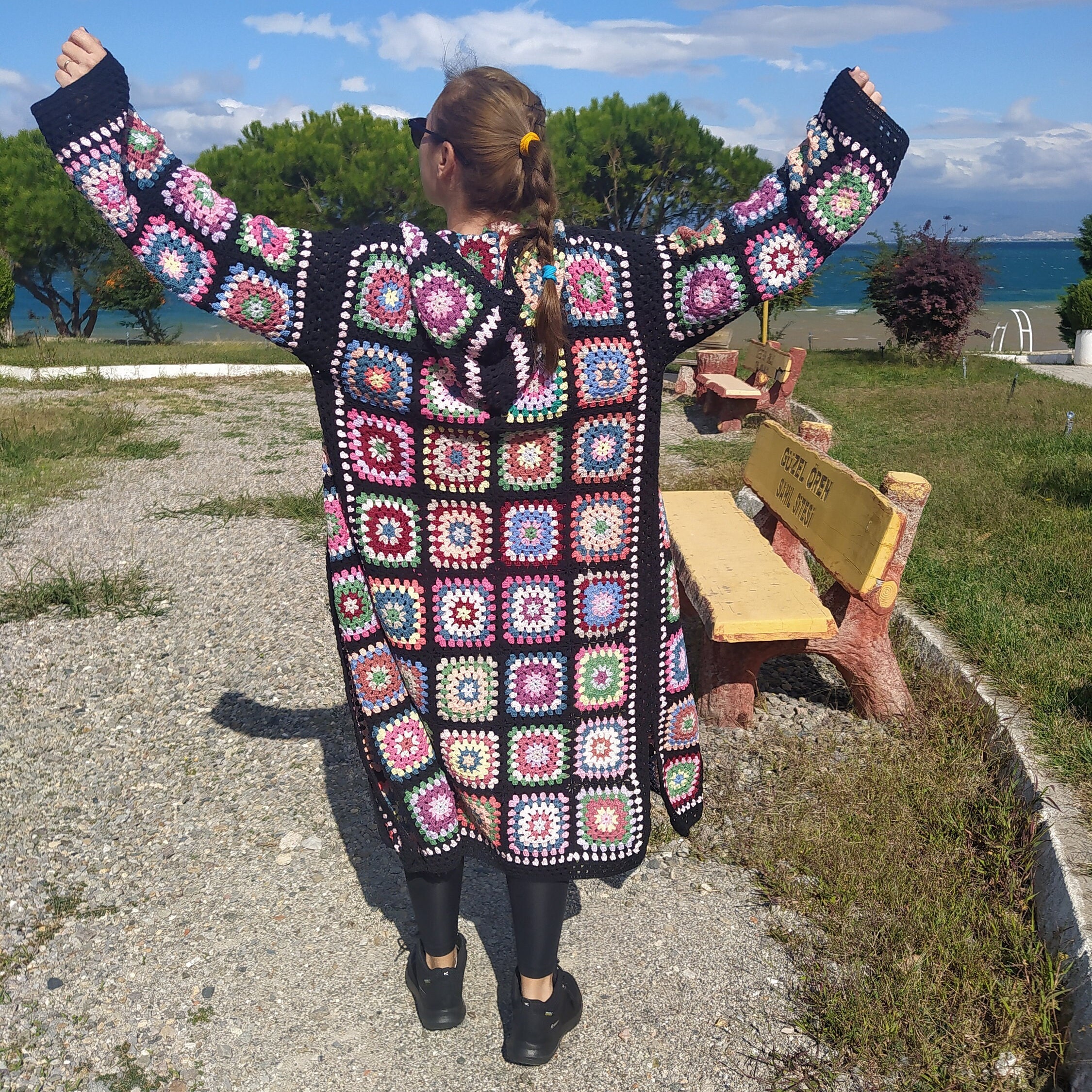 Black Crochet Hooded Cardigan: Granny Square Patchwork Cotton Coat