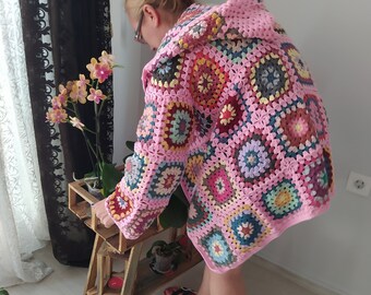 Crochet Cotton Granny Square Jacket, Hooded Cardigan, Afghan Coat, Patchwork Jacket, Boho Sweater, Hippie Style Cardigan